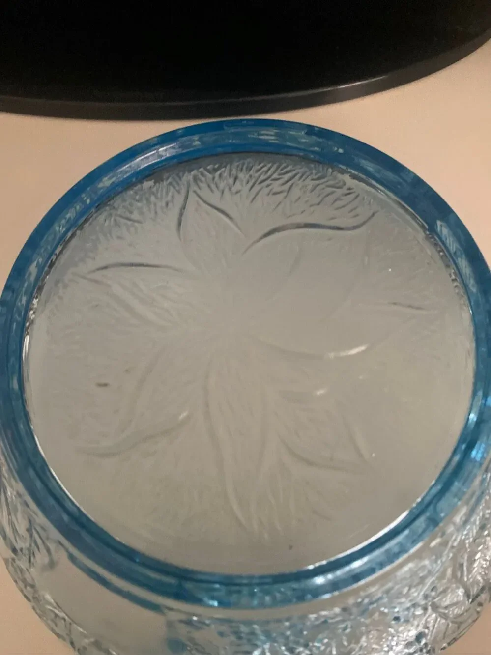 Blue Pressed Glass Serving Bowl Embossed Floral Pattern Decorative Dish vintage